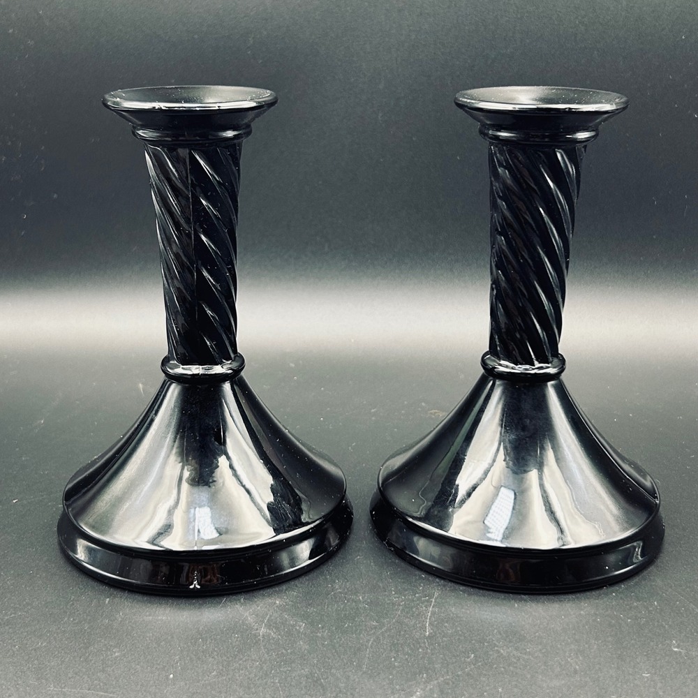 Vintage Black Amethyst Glass Candlestick Set 7" Black Spiral Twist Goth Decor